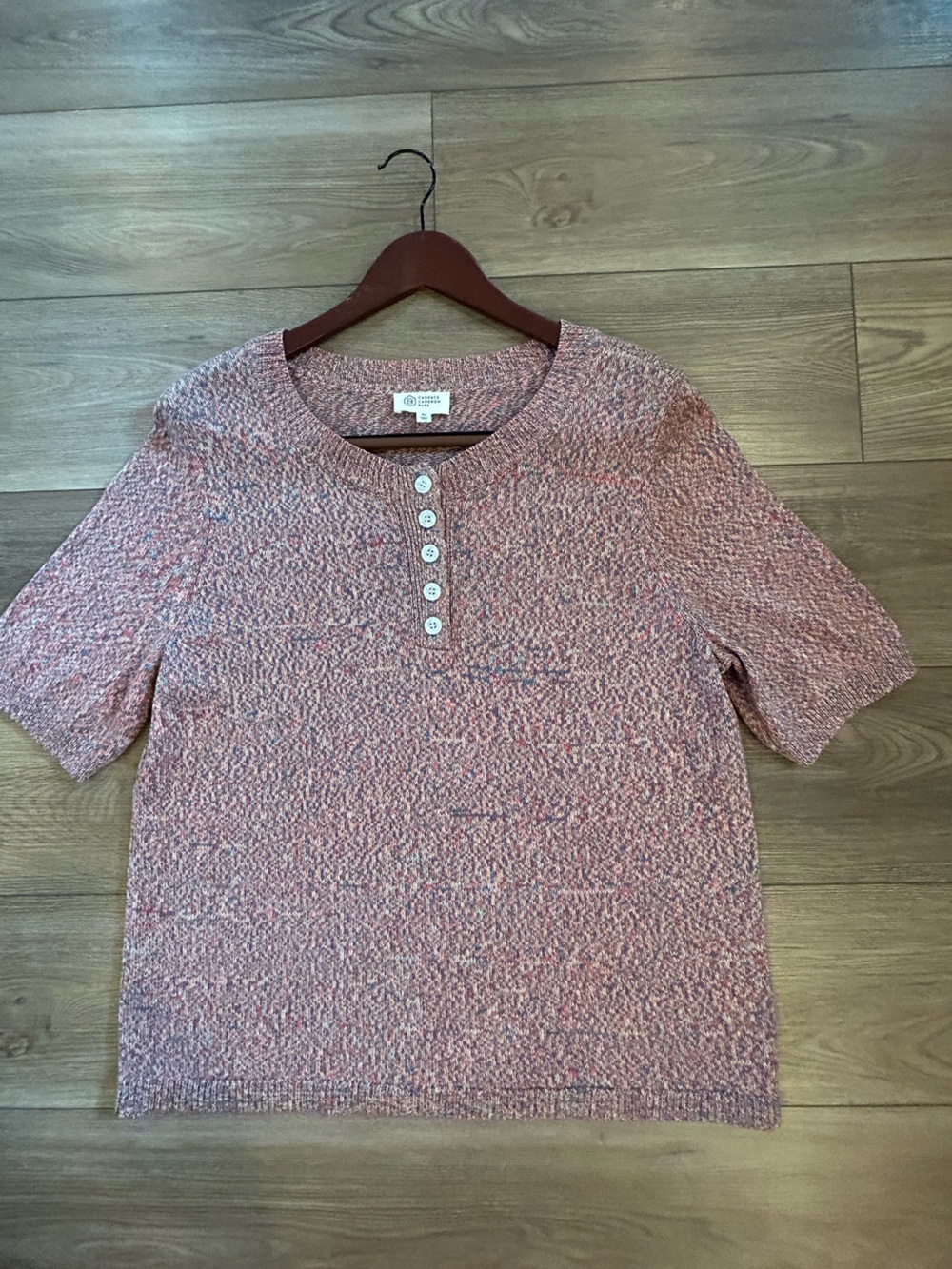 Candace Cameron Bure Knit Sweater Top Womens Medium Short Sleeve Henley Marled